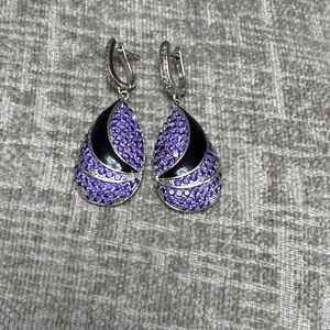Elegant Purple Teardrop Crystal Earrings with Black Accent